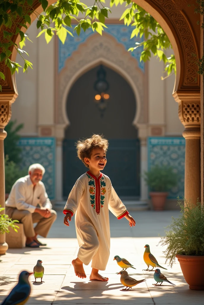 A playing with birds in the mosque courtyard and his grandfather watching him