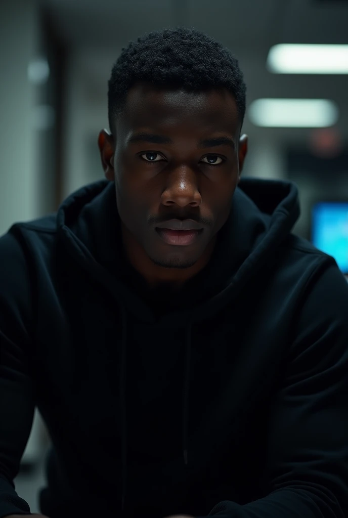 Take a young man around 23 years old, darkskin, looking directly at the camera lens and close to the camera, black sweatshirt, short, straight hair he is sitting in his office with the lights off highlighting the . short and straight hair. PICTURE REALISTIC