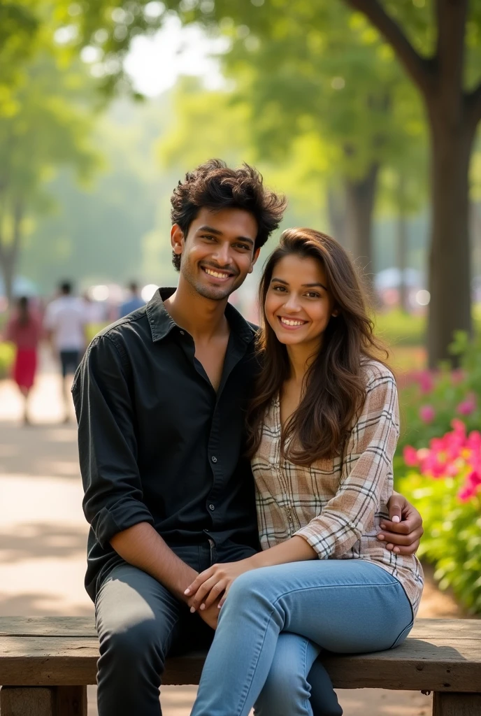 A scene from Delhi park showing a 18 year-old dark-haired Indian boy and a 20-year-old brown-haired blonde European girl sitting on the lap of the Indian boy who is wearing a black checked shirt and jeans