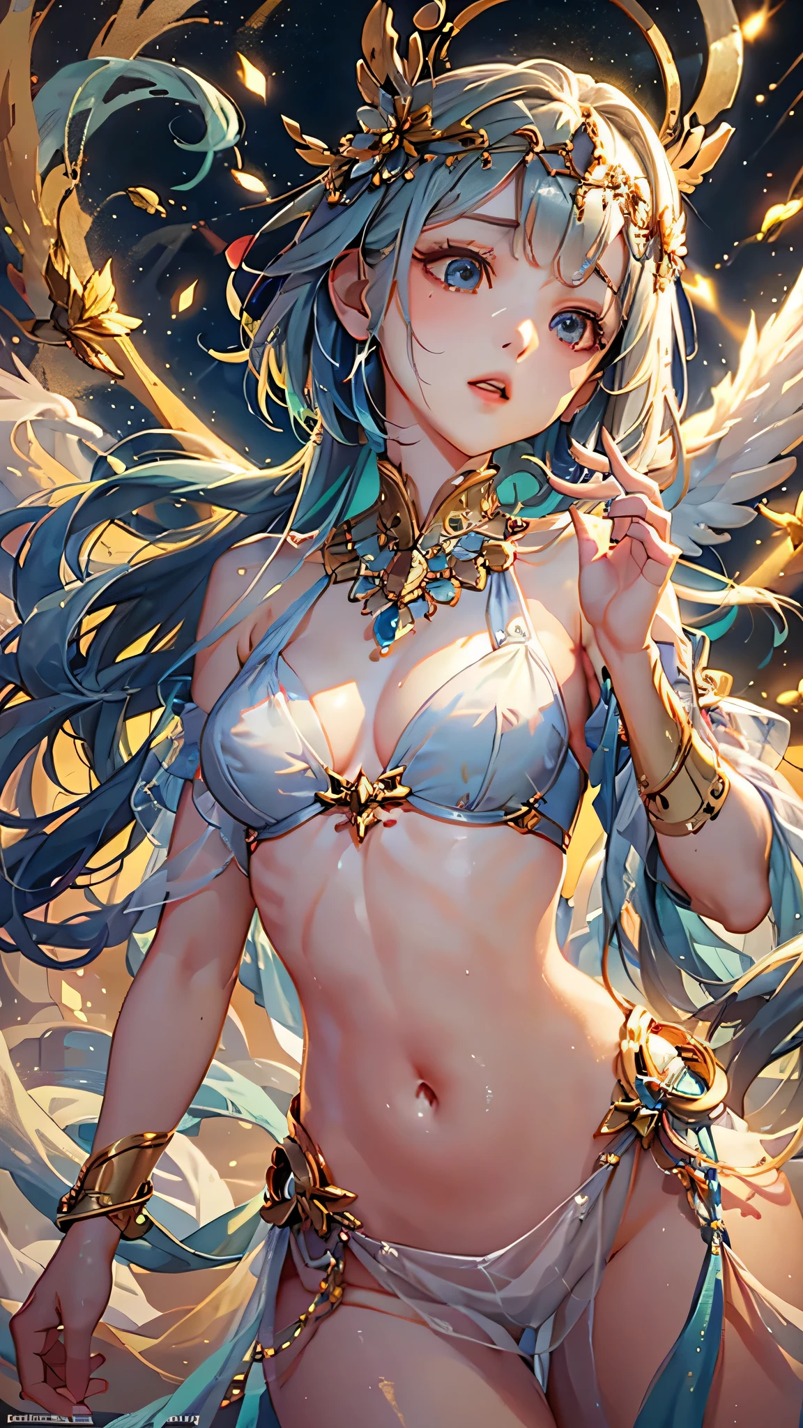 Fantasy，8k,Highly detailed CG unit wallpaper, masterpiece,High resolution,Highest quality,Highest quality real texture skin,,Increase the resolution,RAW Photos,Highest quality,Very detailed,wallpaper,Cinema Lighting,Ray Tracing,Golden Ratio, Very colorful,Colorful, otherworldly, extremely, Cute anime face, (((Flat Chest))), (Flat Chest:1.1),((((Short Bob Hair)))),Complex eyes,Beautiful attention to detail,Symmetrical eyes,(((Detailed aspect))),Beautiful lip detail, Young Face,9 ，Pretty face， (((Embarrassing))),(Dancing lightly),(My heart is pounding with anticipation.)、White transparent god with visible nipples々New one piece,(very noble ,, godliness,Three thousand worlds,infinite happiness,joy,no gravity,milky way,background\(heaven\),in the Thick Fog,(Thick Fog:1.5)\),\(below heaven,look up\),(Thick Fog:1.5)，Empty is color，Ameno-Uzume-no-Mikoto，Wide-angle lens，Wide composition，The life of a woman in heaven，Lotus flower in full bloom，5th Dimension，Soaring on the back of a phoenix
