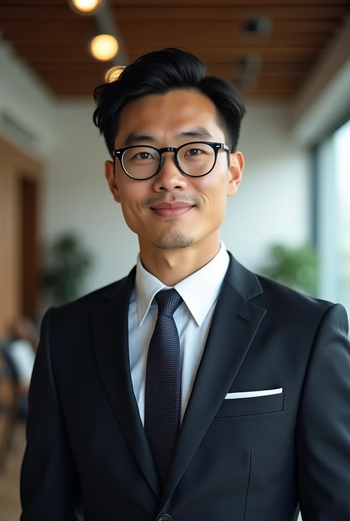 1boy,30 ages ,people of VietNam descent, handsome male, face, unbearded, office background, wearing glasses, suit outfit, very attractive, blurry_background, (high detailed skin:0.8), 8k uhd, dslr, soft lighting, HDR, warm light, high quality, film grain, Fujifilm XT3,