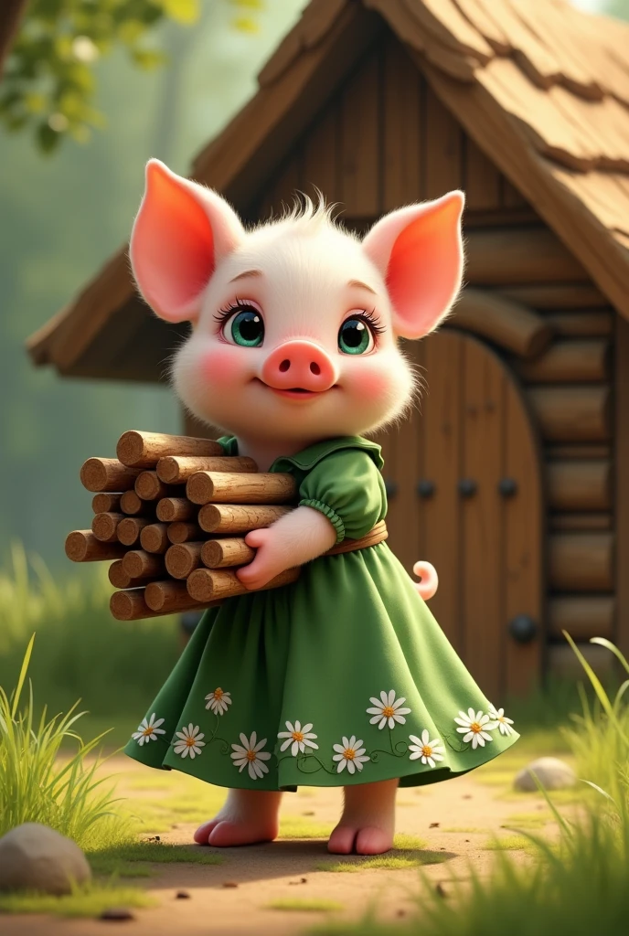 full-body illustration, (1piglet:1.2), (dark green eyes:1.2), (cute and chubby:1.3), carrying a heap of long wooden logs in hand, wearing a long green floral dress with white flowers, standing on hind legs, (adorable expression:1.3), big blue eyes, small snout, (realistic fur texture), (nature background:1.2), surrounded by grass, ((building a small house made of wooden sticks)), standing in front of a small house made of wooden logs and beautiful wooden door, sunlight filtering through the leaves, (soft lighting:1.3), (warm and bright color scheme:1.3), (highly detailed), (ultra quality:1.3), (masterpiece), (digital art), 8K resolution, HDR, depth of field, (soft shadows), (photorealistic:1.3), (animation:1.2), (by Greg Rutkowski:0.9), (in the style of Alphonse Mucha), trending on ArtStation, award-winning art