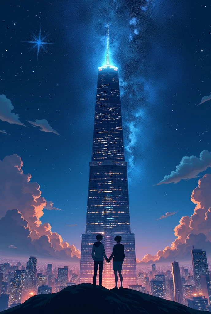 tall building, from the heights, anime,  night with many stars, gay men, holding hands



