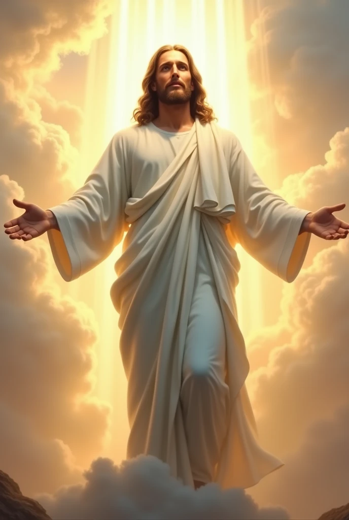 A majestic, serene depiction of Jesus Christ standing tall with his arms outstretched. His face radiates peace and love, with soft features and gentle eyes. He wears a long, flowing robe in soft white and light blue hues, slightly illuminated as if by a heavenly light. The background features a warm, glowing sky with soft golden clouds and beams of sunlight shining down, emphasizing a divine presence. His figure is surrounded by an aura of light, symbolizing hope and compassion. The overall atmosphere is uplifting and spiritual, with vivid details that capture the depth of the image.