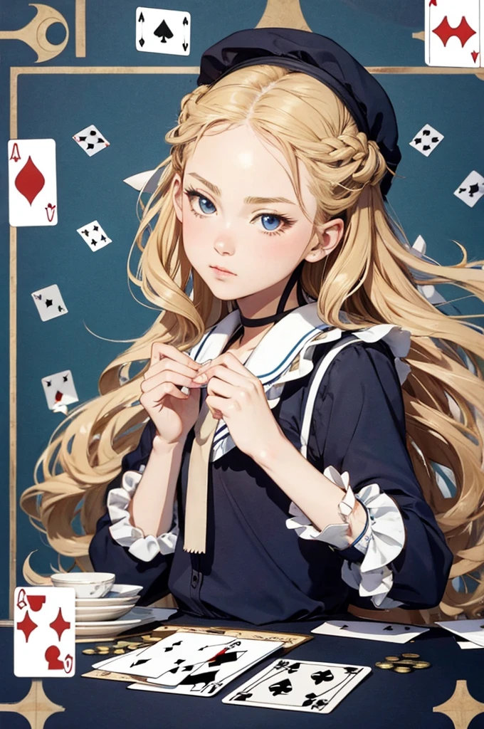 highest quality, ultra high resolution, realistic, cute girl pictures, detailed face, (Pueros face_V1:0.008), alice in wonderland, yo, blonde wavy hair, white apron, blue clothes, playing card pattern background, no makeup