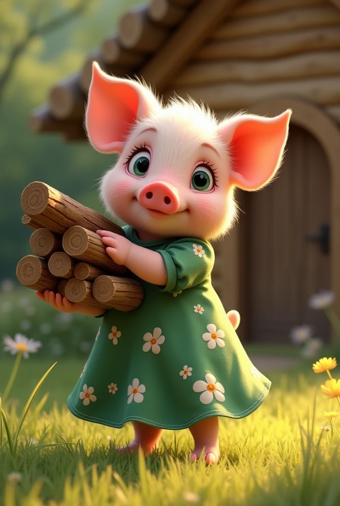 full-body illustration, (1piglet:1.2), (dark green eyes:1.2), (cute and chubby:1.3), carrying a heap of long wooden logs in hand, wearing a long green floral dress with white flowers, standing on hind legs, (adorable expression:1.3), big blue eyes, small snout, (realistic fur texture), (nature background:1.2), surrounded by grass, ((building a small house made of wooden sticks)), standing in front of a small house made of wooden logs and beautiful wooden door, sunlight filtering through the leaves, (soft lighting:1.3), (warm and bright color scheme:1.3), (highly detailed), (ultra quality:1.3), (masterpiece), (digital art), 8K resolution, HDR, depth of field, (soft shadows), (photorealistic:1.3), (animation:1.2), (by Greg Rutkowski:0.9), (in the style of Alphonse Mucha), trending on ArtStation, award-winning art