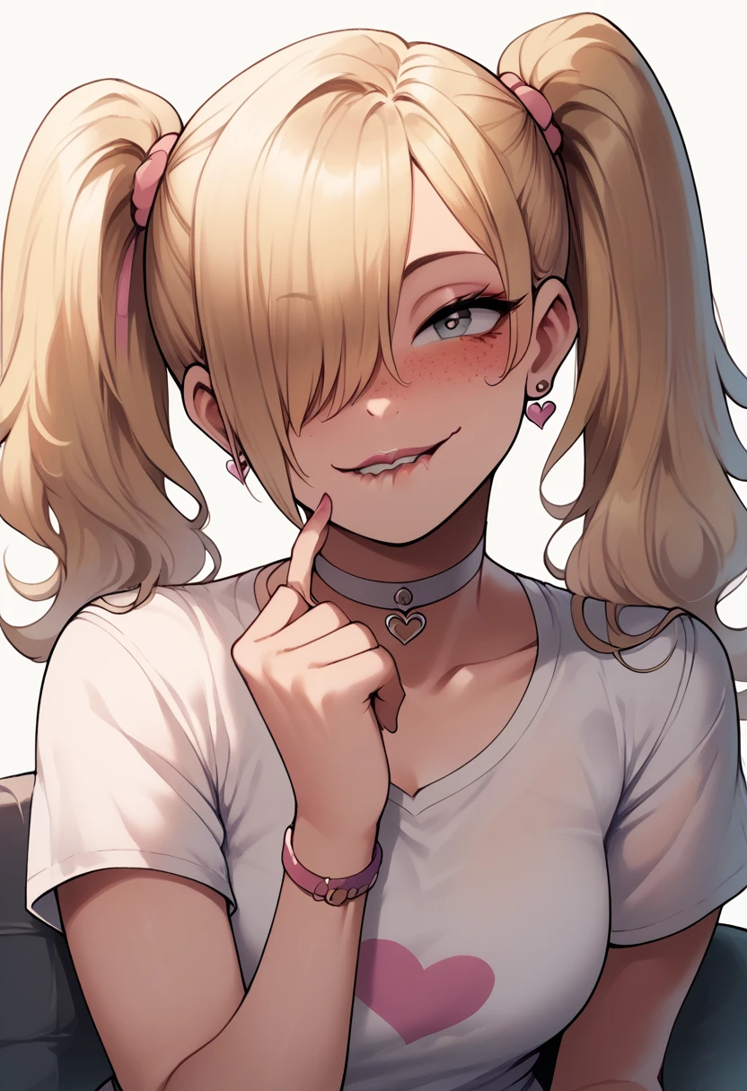 score_9,score_8_up,score_7_up,score_6_up,score_5_up,score_4_up,
1girl, pretty girl, blonde hair, in twintails, hair over 1 eye, cute nose. biting lip, seductive, white choker, pink lips, freckles,  bait, cute, teasing, gyaru 
 