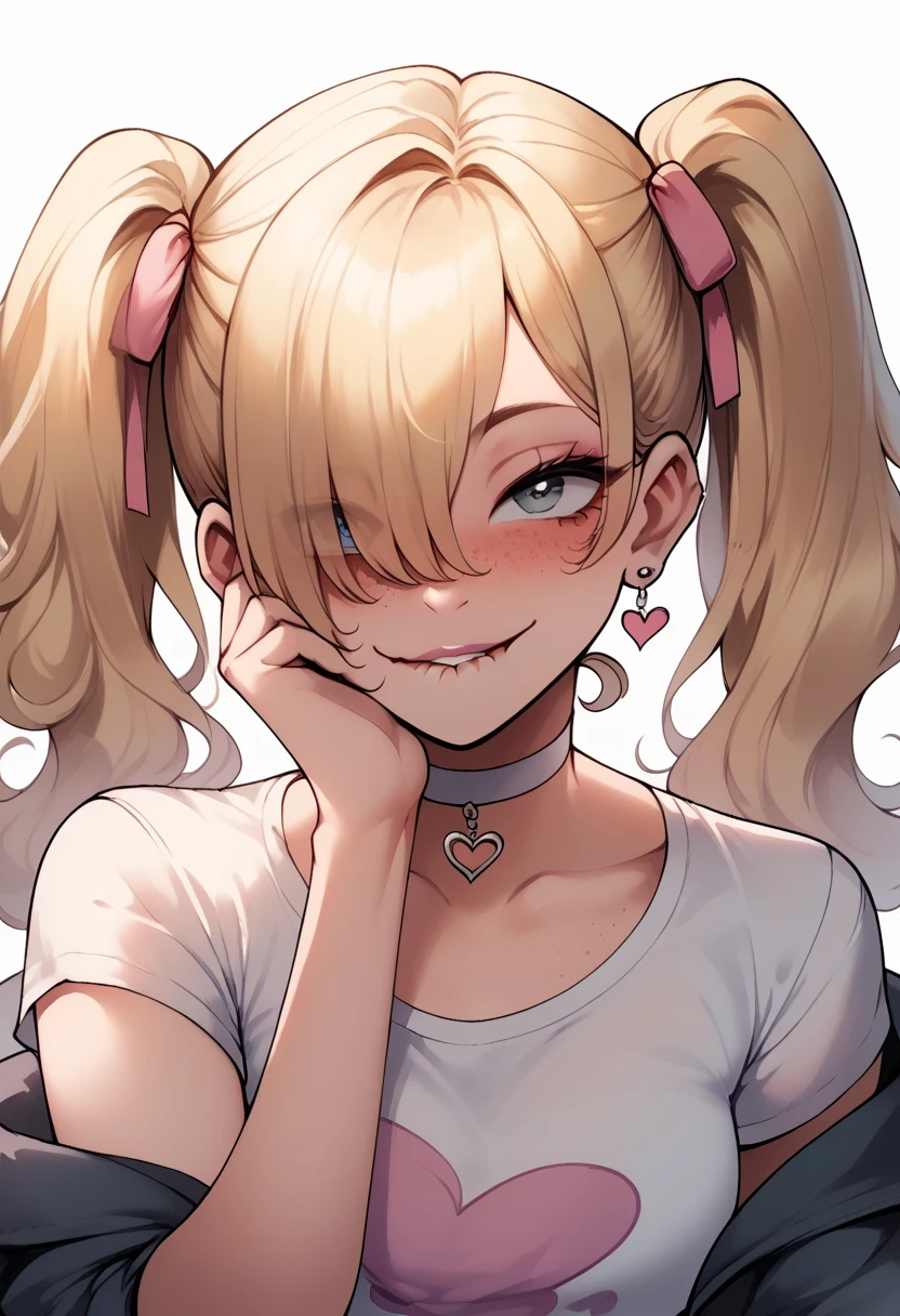 score_9,score_8_up,score_7_up,score_6_up,score_5_up,score_4_up,
1girl, pretty girl, blonde hair, in twintails, hair over 1 eye, cute nose. biting lip, seductive, white choker, pink lips, freckles,  bait, cute, teasing, gyaru 
 