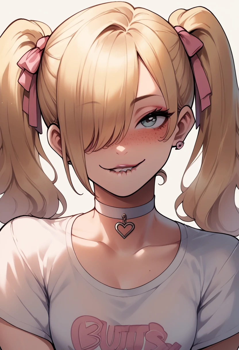 score_9,score_8_up,score_7_up,score_6_up,score_5_up,score_4_up,
1girl, pretty girl, blonde hair, in twintails, hair over 1 eye, cute nose. biting lip, seductive, white choker, pink lips, freckles,  bait, cute, teasing, gyaru 
 