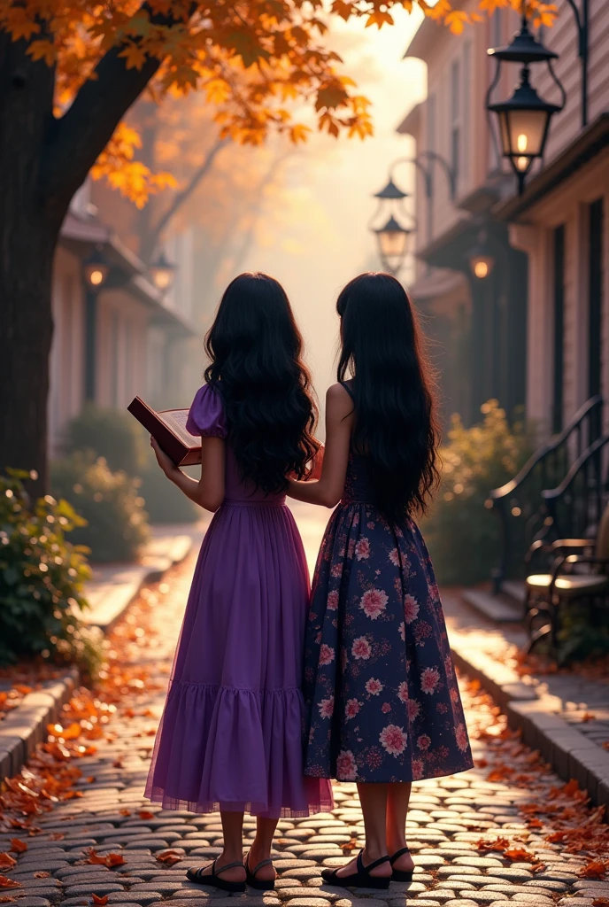 Make me two friends with their backs to me, each one reading a book, Let the books be seen, one with shoulder length wavy hair and the other with long hair, straight hair, Both with black hair and dress them as witches without hats, one in a purple dress and the other in a rolled-up dress with a Disney, magical, old-fashioned style, and the scenery of Salem.