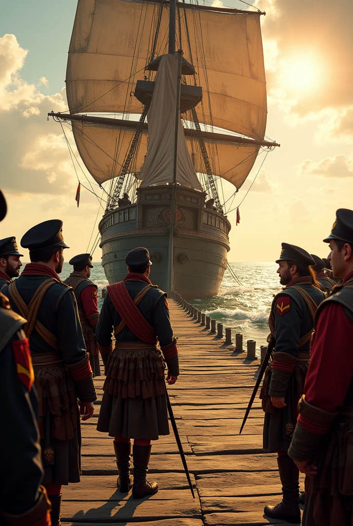 A group of pirates walking out of their own painting in a 3d effect in a museum.
