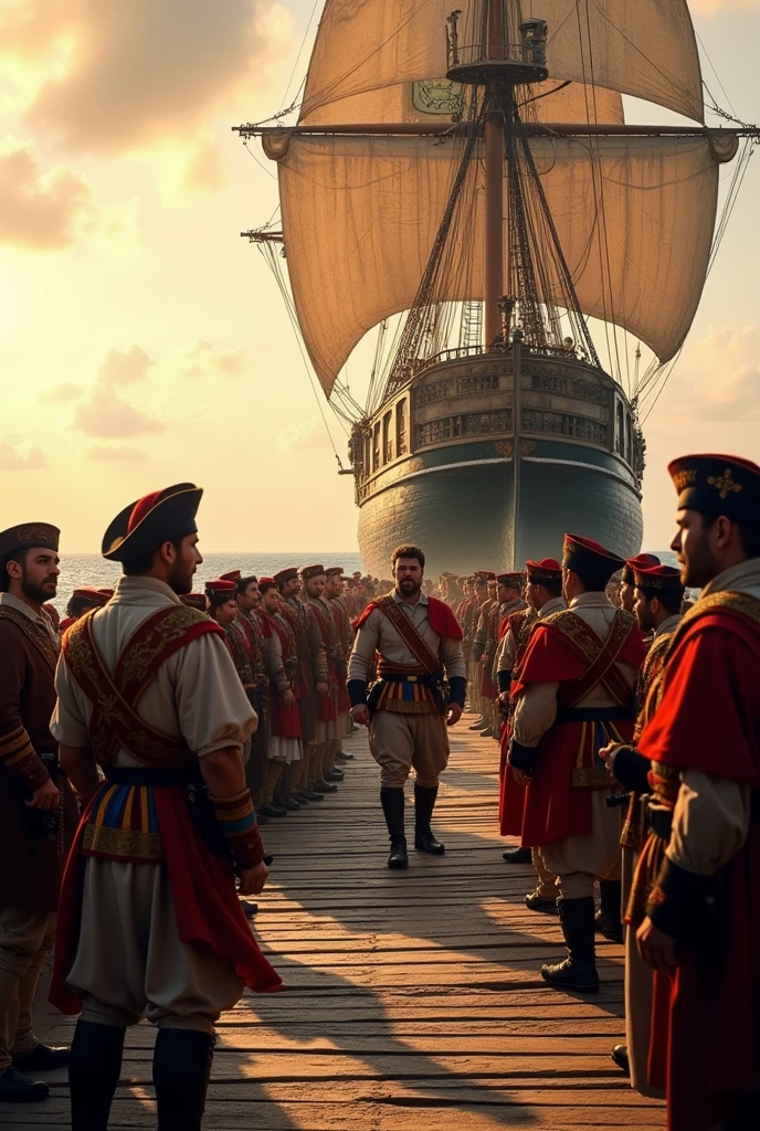 soldiers speaking with Spanish soldiers heading towards a ship