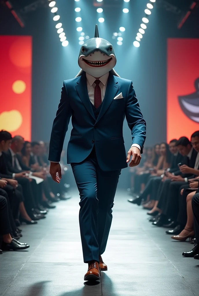 Funny giant head cute shark wearing muscular business suit in realistic full body fashion show