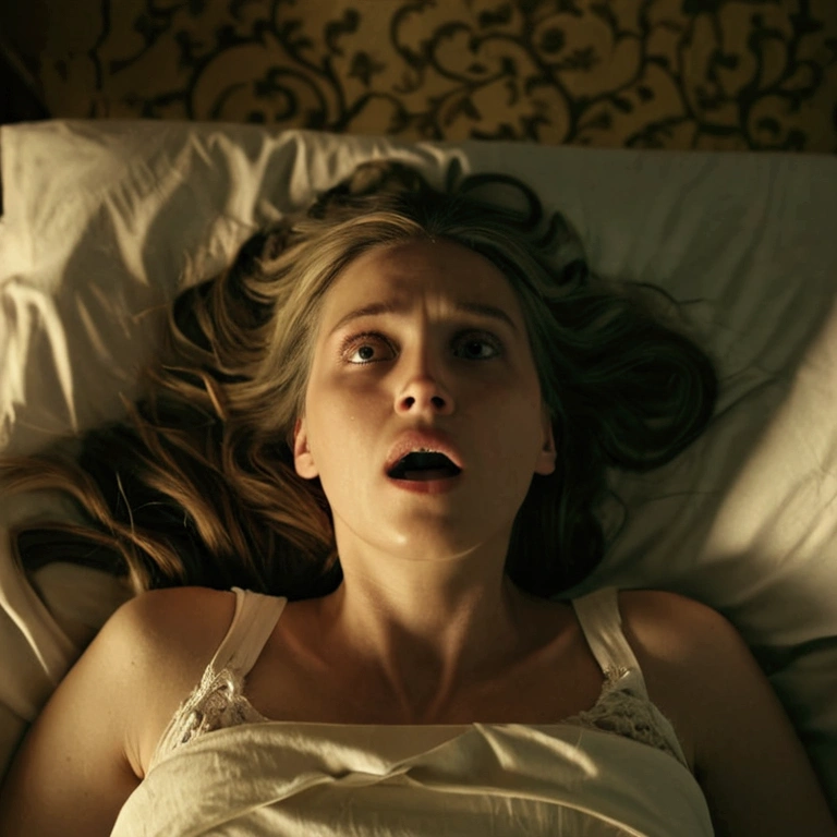 POV: Above a woman lying dead in bed, sprawled out, focusing on her face. Movie scene. She died of suffocation, with her eyes still open, fixed on the ceiling and her mouth half open.