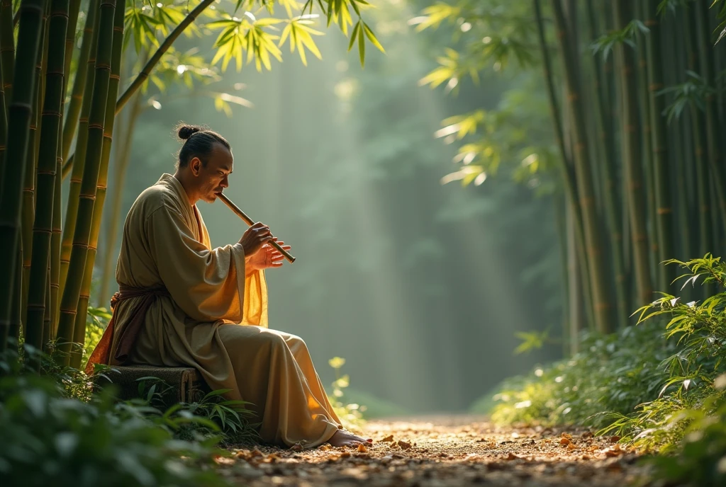 (A scene of a bamboo forest with a fantastical atmosphere;1.2)、Cool sounds echo from the bamboo grove.、An old man, a spirit of the bamboo, plays a bamboo flute.、Bamboo leaves rustle and fall in time with the melody.、The old man wears a strange garment, resembling both a Japanese kimono and a hermit's robe.、(In the bamboo forest shrouded in morning mist:1.2)、(Highest quality、masterpiece)、4K、wallpaper、