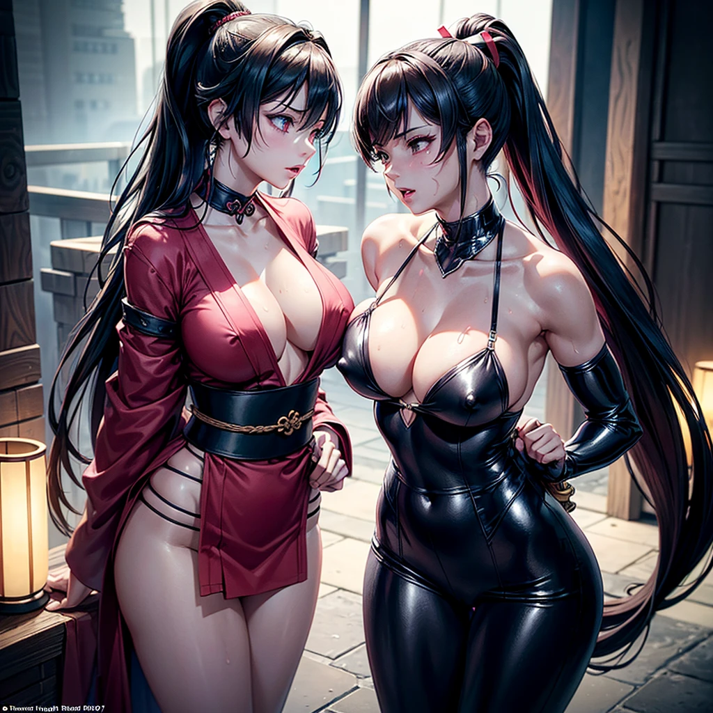 (Masterpiece), (Mysterious Mood), Score_9, score_8_up, score_7_up, 2girl, 2 beautiful young women looking at each other, long hair, breasts, fighting pose pink nipples and breasts touching each other, big breasts, brown hair, cleavage , nude shoulders and cleavage, brown eyes, closed mouth, upper body, ponytail, high hips exposing legs and buttocks, red kimono, blue cheongsam, sleeveless, high hips exposing legs and buttocks, collar, blurred, arms, lips, bangs , belt, high ponytail, headband, rope, armband, ninja, Mai Shiranui, Chun-Li, cleavage, big breasts, exposed bikini breast details, Devil May Cry style, full of energy and ready to go. Glowing blue, a sinister form of corruption, the right arm is a twisted masterpiece, blackened and imbued with glowing sapphire energy, emanating raw power and glowing with a dark, otherworldly light. , neon lights flashing, dark as midnight, red blood vessels beating. A mixture of black leather and silver jewels, with pink nipples, all decorated with chains and glowing runes. Clothes may unintentionally separate (unfold), become embedded (causing clothes to be pulled up to the crotch of the body), shirts may tear, tops may slip off (causing soft side lighting, high-detailed masterpieces, delicate skin, Japan Scent) Samurai Girl, Vintage Details, Distressed Turtleneck, Cyberpunk Samurai, Silver Glitter, Big Breasts, Cleavage, Navel, Moisturizing, Cyberpunk, Japanese Streets, Darkness, (Surreal, Large Depth of Field, Color, 3D octane rendering, 4k trends, concept art, smooth lips, smooth eyes, smooth skin, smooth eyes, smooth eyes, smooth eyes, eyeliner, light makeup, eye makeup, shut up, female orgasm, shyness, Blushing, visible nipples, natural sagging breasts, embedded panties, toned body, hourglass body, (wet) body: 1.6, embedded: urn: air: sd1: embedded: civitai: 222256@250708, embedded: urn: air: sd1: embed:civitai:222256@250708, (score_9, Score_8_up, 188loloy,