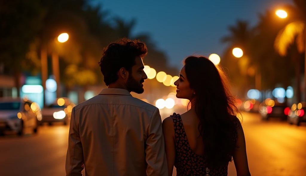 “Create a romantic and tender scene where a 27-year-old South Indian man, Raj, and a 25-year-old stylish North Indian woman, Priya, are walking under a starlit sky. They are strolling through a quiet street in Mumbai, illuminated by the soft glow of streetlights and the distant twinkling of stars. As they walk side by side, their hands accidentally brush against each other, leading to them holding hands for the first time. Capture the subtle yet powerful emotions on their faces—a mix of surprise and happiness—as they realize their love for each other. The background should feature the quiet beauty of a nighttime Mumbai street, with gentle shadows and warm lighting that emphasizes the intimacy of the moment. The overall atmosphere should be romantic, with intricate details in their expressions and body language, highlighting the depth of their newfound connection.”Realistic, intricate details, vibrant colours.