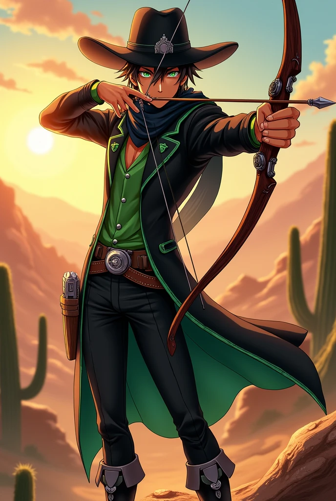 A male anime character with tanned skin and piercing green eyes., holding an elegant bow crafted from dark wood with magic illuminating its string, while sporting an outfit in the style of the Wild West. He wears a wide-brimmed hat that shades his face,, and a black jacket with vibrant green details, Dark trousers fit him perfectly,. His black boots are sturdy,, with silver spurs glinting subtly in the setting sun.. A dark scarf wraps around his neck,, swaying slightly in the wind., adding a mysterious touch to his figure..