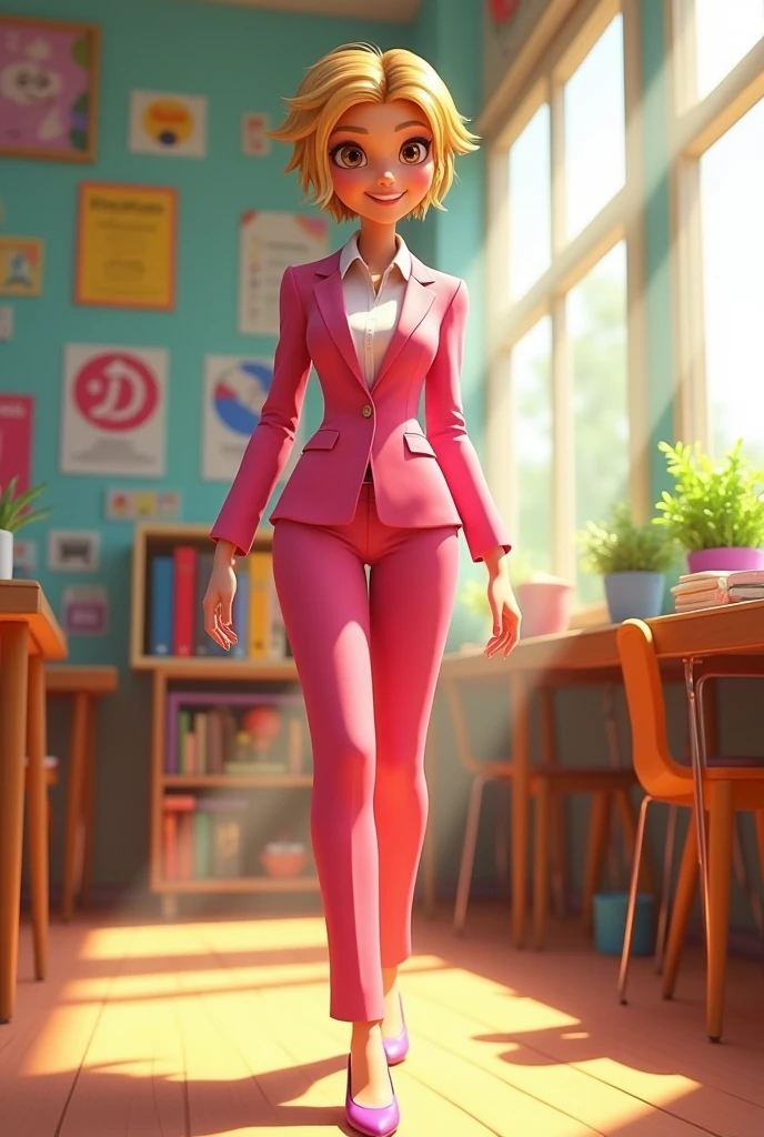 Disney Pixar type image of a tall teacher, slim, white tea, very short honey blonde hair, big brown eyes, with pink suit and white shirt, pink high heel shoes