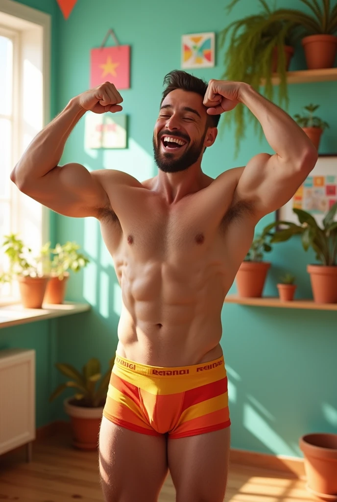 A strong, exuberant man in his underwear.
