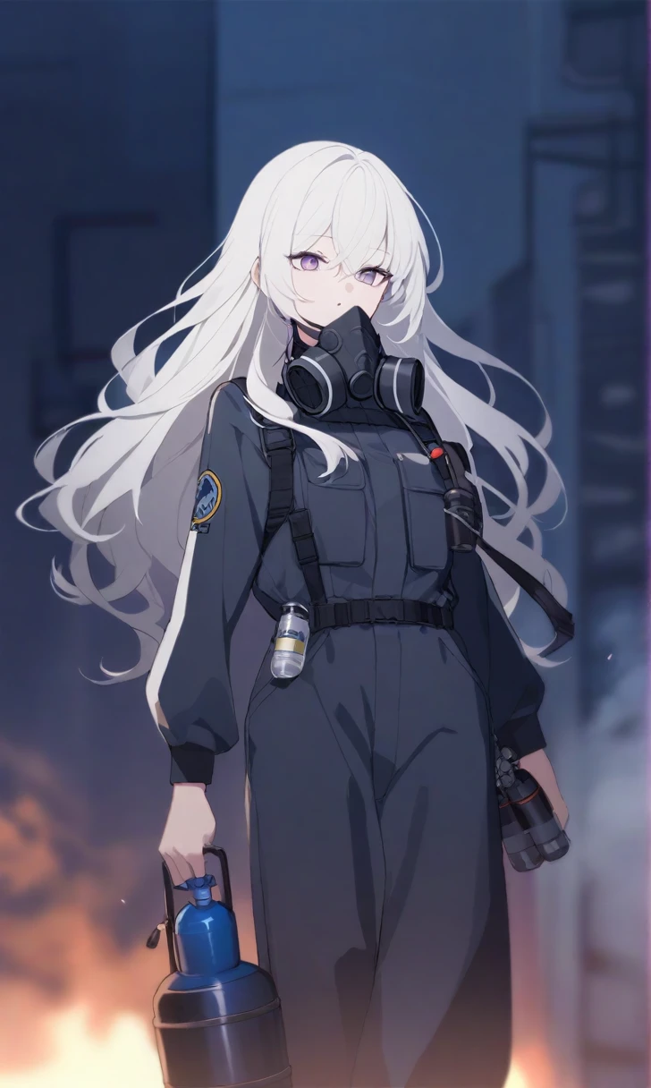 female, long wavy white hair Hair, jumpsuit, black gas mask, oxygen tank