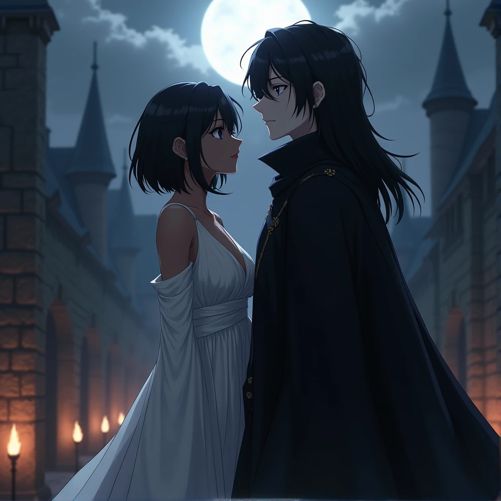 Two Anime characters: Black woman with dark eyes. Her short, black hair. He wears a white wedding dress with a large neckline. White man with dark eyes. Her long, black hair. He wears a black cloak.. Ao fundo, a dark medieval setting with an atmosphere of mystery and intensity.