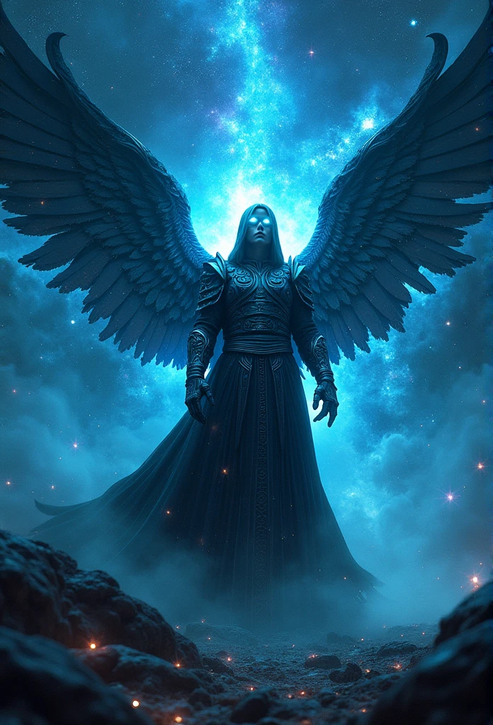 Cosmic Fallen Angel, glowing light eyes, Biomechanical, eerie, Creepy, nightmarish, Very bright colors, Light particles, with light glowing, Mshiff, wallpaper art, UHD wallpaper, anakil skywalker, 25 years, medieval clothes, well-detailed, 16k, perfect detail,