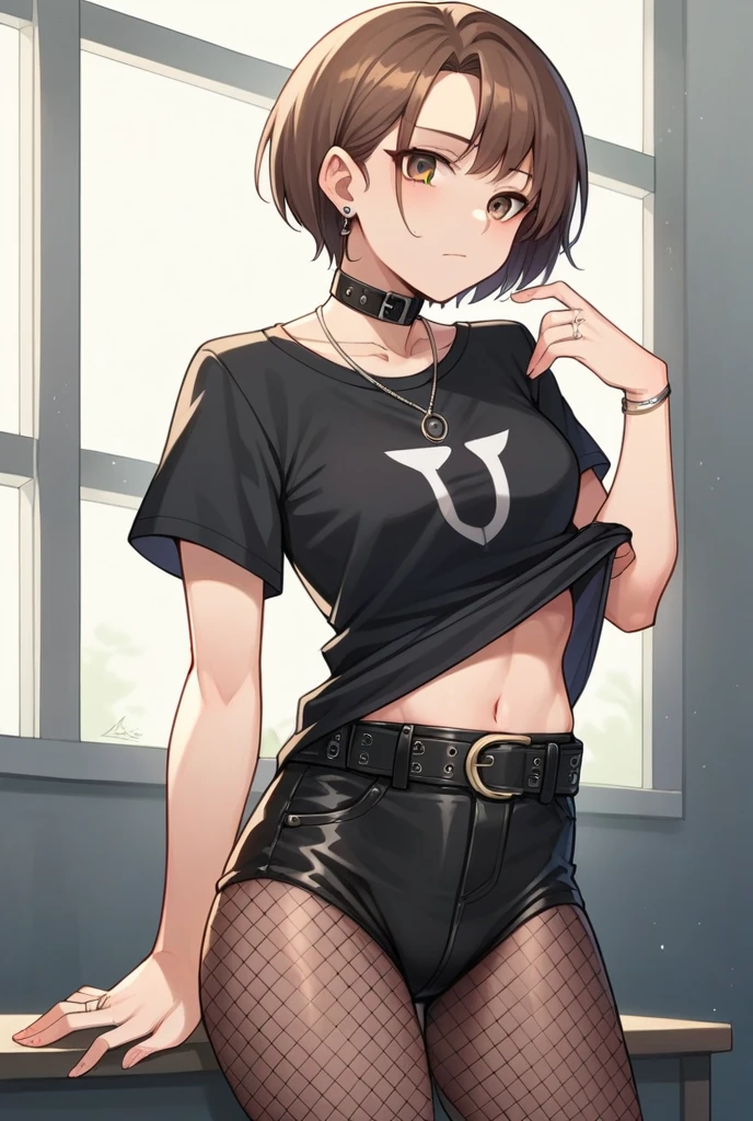 1girl, belt, black shirt, brown hair, closed mouth, collar, cowboy shot, earrings, fishnet pantyhose, fishnets, hand up, jewelry, necklace, pantyhose, ring, shirt, shirt lift, short hair, short sleeves, solo, t-shirt