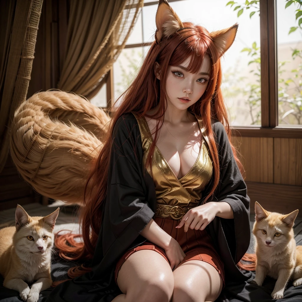Female kitsune with glowing red hair and golden eyes that radiate wisdom 
