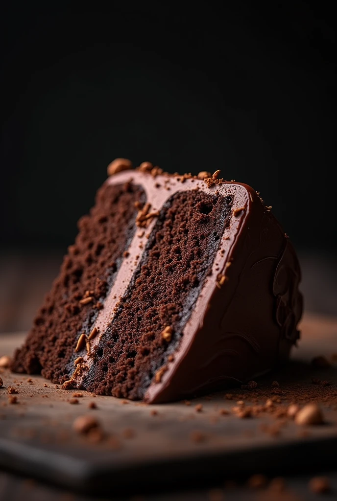 cinematic film still chocolate, chocolate cake, dark background, quality photo, moist texture, frosting, studio photo, slice . shallow depth of field, vignette, highly detailed, high budget, bokeh, cinemascope, moody, epic, gorgeous, film grain, grainy