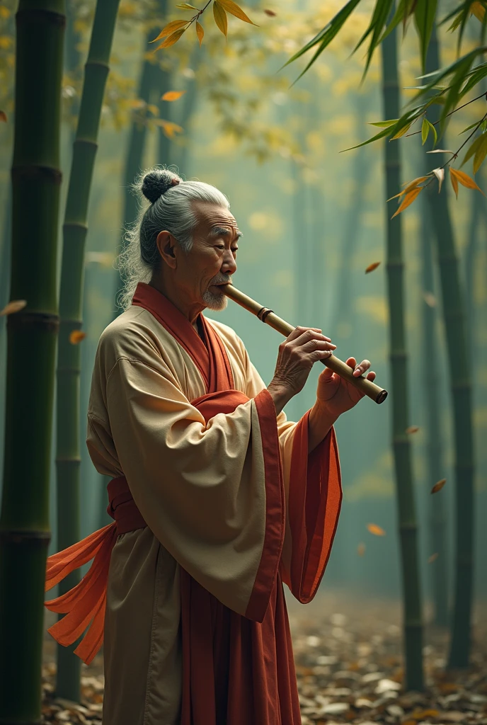 (A scene of a bamboo forest with a fantastical atmosphere;1.2)、Cool sounds echo from the bamboo grove.、An old man, a spirit of the bamboo, plays a bamboo flute.、Bamboo leaves rustle and fall in time with the melody.、The old man wears a strange garment, resembling both a Japanese kimono and a hermit's robe.、(In the bamboo forest shrouded in morning mist:1.2)、(Highest quality、masterpiece)、4K、wallpaper、