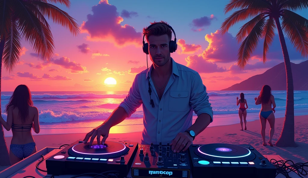 artistic illustration, a DJ , in the background a beach with a sunset, neon energy