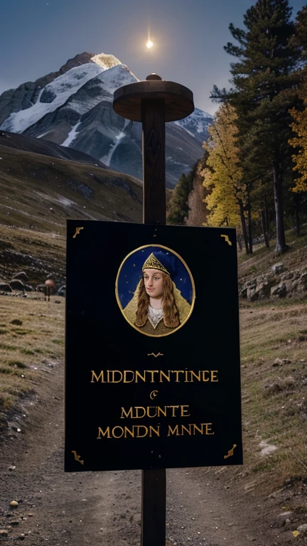 Mountain with an entrance to a mine, moonlight, Male medieval count, rich, splendid clothing, jewellery, gold necklace, velvet beret. Sign on a stake (sign says "MINE")