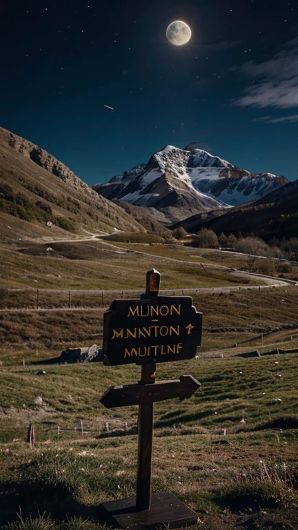Mountain with an entrance to a mine, moonlight, Male medieval count, rich, splendid clothing, jewellery, gold necklace, velvet beret. Sign on a stake (sign says "MINE")