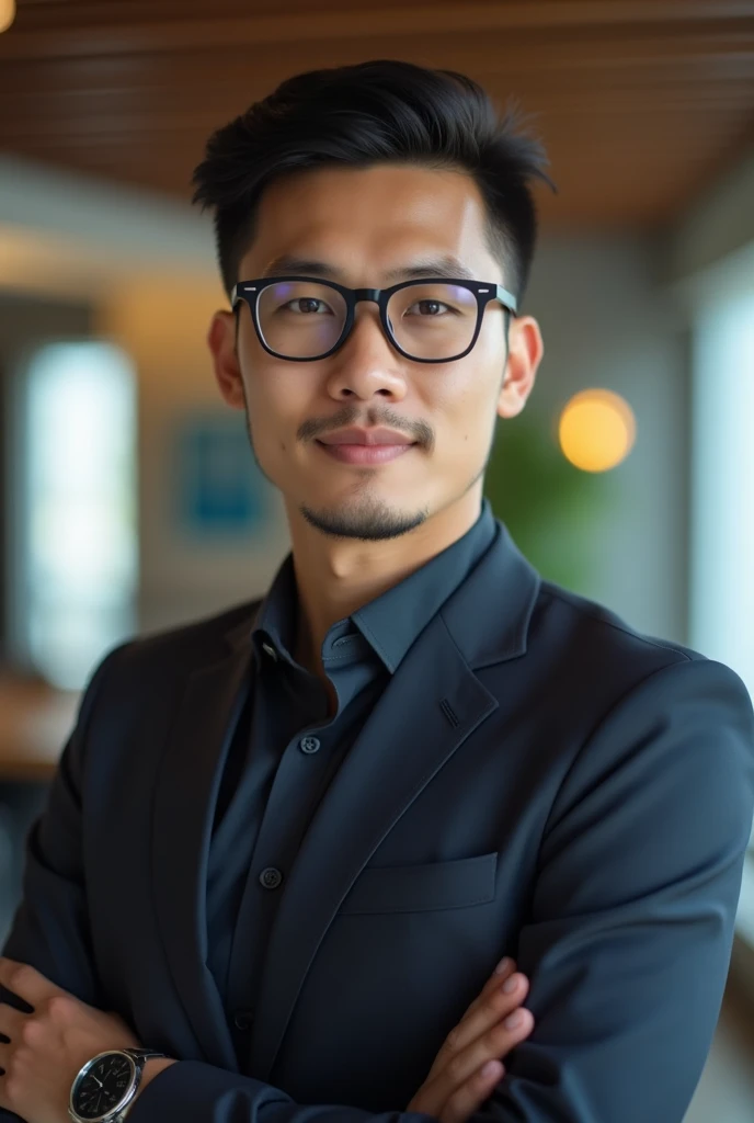 1boy,30 ages ,people of thailand descent, handsome male, face, unbearded, office background, wearing glasses, suit outfit, very attractive, blurry_background, (high detailed skin:0.8), 8k uhd, dslr, soft lighting, HDR, warm light, high quality, film grain, Fujifilm XT3, 