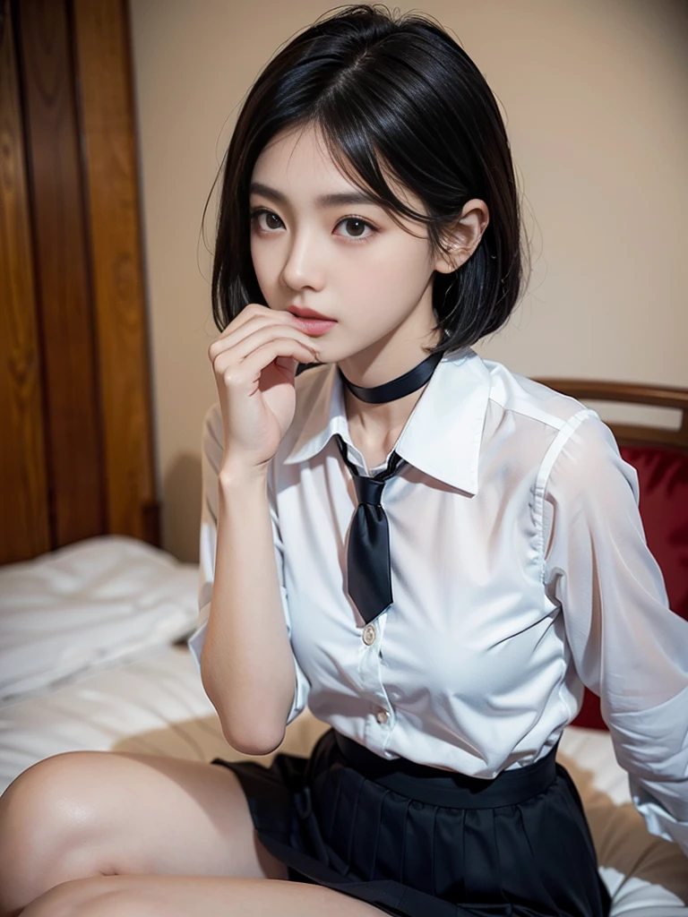 figure fingertips touch own lips with self hand while kneering down and approaching for a kiss girl is beautiful japanese female and beautiful russian female mixed race only in the face age is 15 features of the whole body black hair medium straight bob cut hair style beautiful small face with short eyelashes boyish eyes only high nose dark blue pupils very thin upper lip milky white skin accurate attractive body shape beautiful bust waist hip s thighs knees legs choker and tie on neck wearing a school uniform half opend eyes shy enamored face kindly and slight on bed