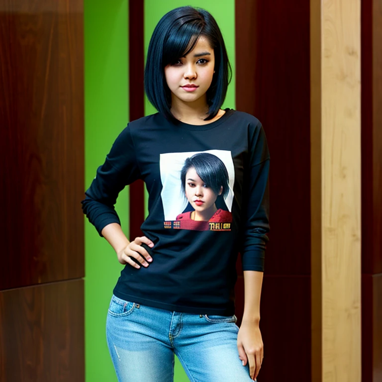 Full body photo, beautiful detailed, cute face, short, slim , medium black hair, black hair over one eye, long sleeve T-shirt, long pants, solo, voluptuous breasts, emo