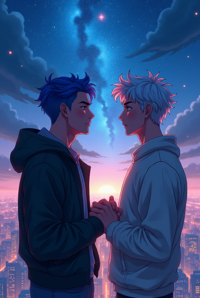 tall building, from the heights, anime,  night with many stars, gay men, holding hands


