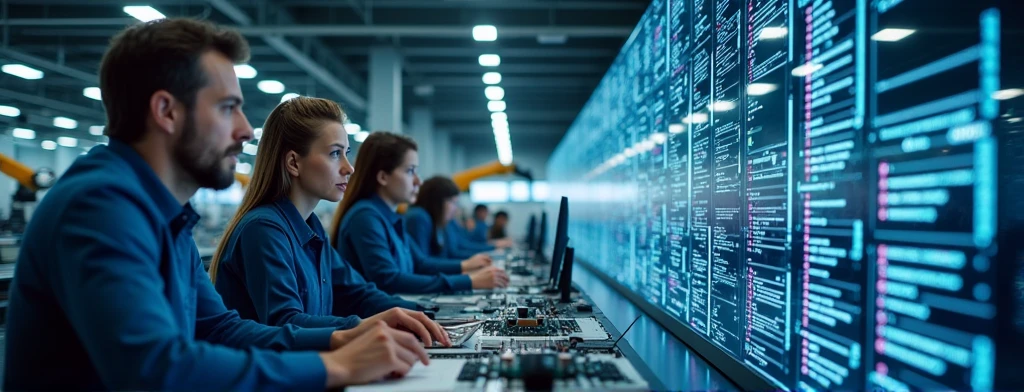 Create an image that involves software engineering and industrial machines, all technology-related, for a banner on my LinkedIn.
