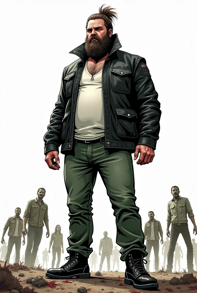 Create a comic book style drawing, of a 35 year old man, 90 kilos, Long hair tied up, barba, black leather jacket, white undershirt, green jeans, Black boots, tema apocalipse zumbi estilo The Walking Dead, perspective drawing action scene, white background, fully body