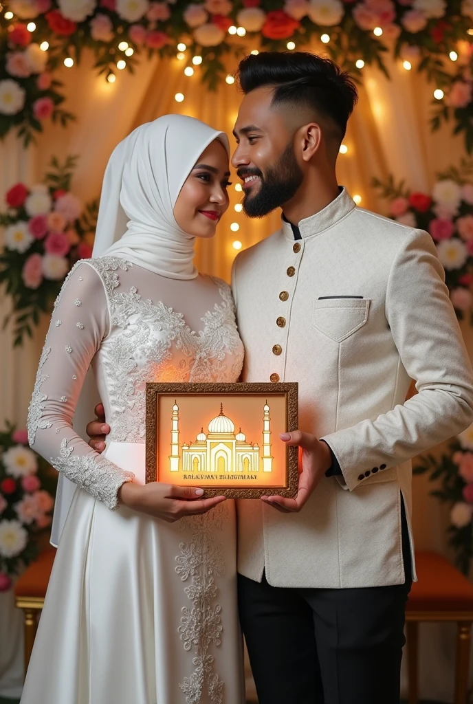 make a photograph, wedding of a real Malay man and woman, beautiful woman in a luxurious dress, Woman wearing hijab,long white dress,handsome man with smooth face,standing holding a dowry frame with a picture of a magnificent mosque and inscribed ("MINGKAK"&"LIA")neon, background of wedding decoration Source