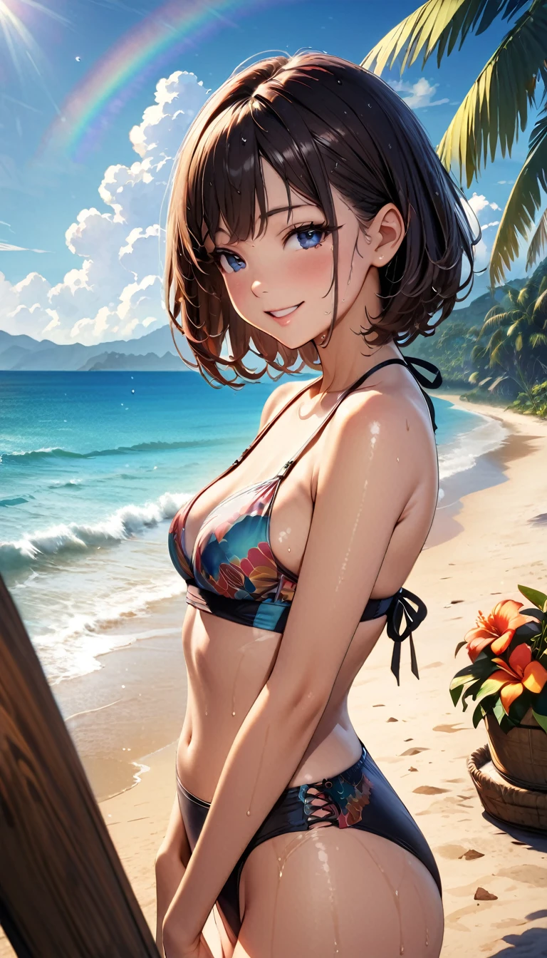 ((Highest quality, masterpiece, High resolution))、Beautiful Japanese Women、((Anime Art))、 ((2 women))、18-year-old、(We are both good friends)、(They touch cheeks)、 (Detailed depiction of a beautiful face)、Smiling Kindly、Realistic Face、 Small breasts、Slim figure、Medium Short Hair、semi-long、Hair Bun、Wet see-through bikini、Bikini Swimwear、One piece swimsuit、The waist is wrapped in fabric with bold ethnic patterns and plenty of primary colors..。.、Realistic Skin、Wet、whole body、(Beautiful tropical beach landscape photography)、Cinematic Light、tropical、(Flowers on the Beach)、Against the background of palm trees、On the sunny beach、With the sea in the background、Squall、rainbow、Blur the background