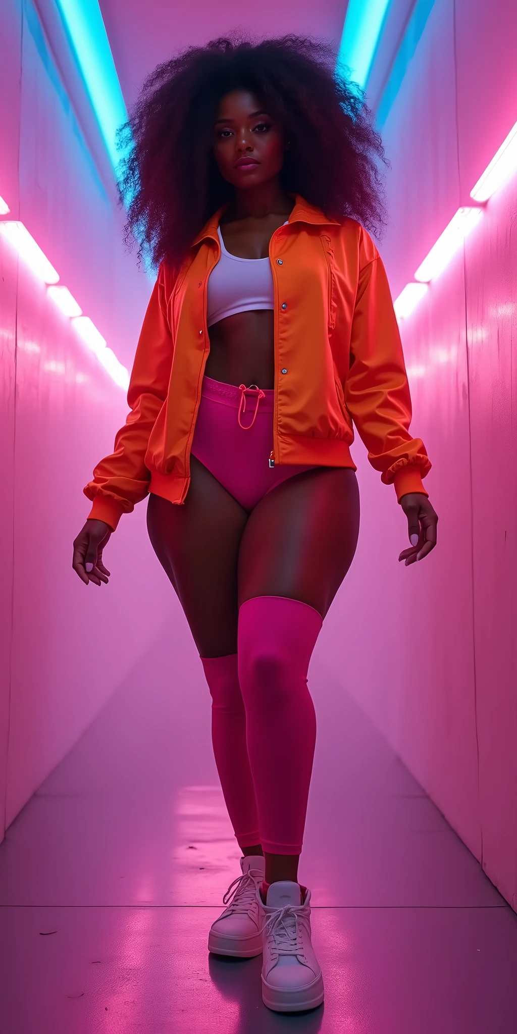 brand cover, BIG HUGE BOOTY paired with thin tapered tiny waist, shapely dark skin Goddess, sports jacket paired with long leg warmers, volumetric fog, stunning 8 K, 🥳 , neon walls, up lit, face lit, no nudity