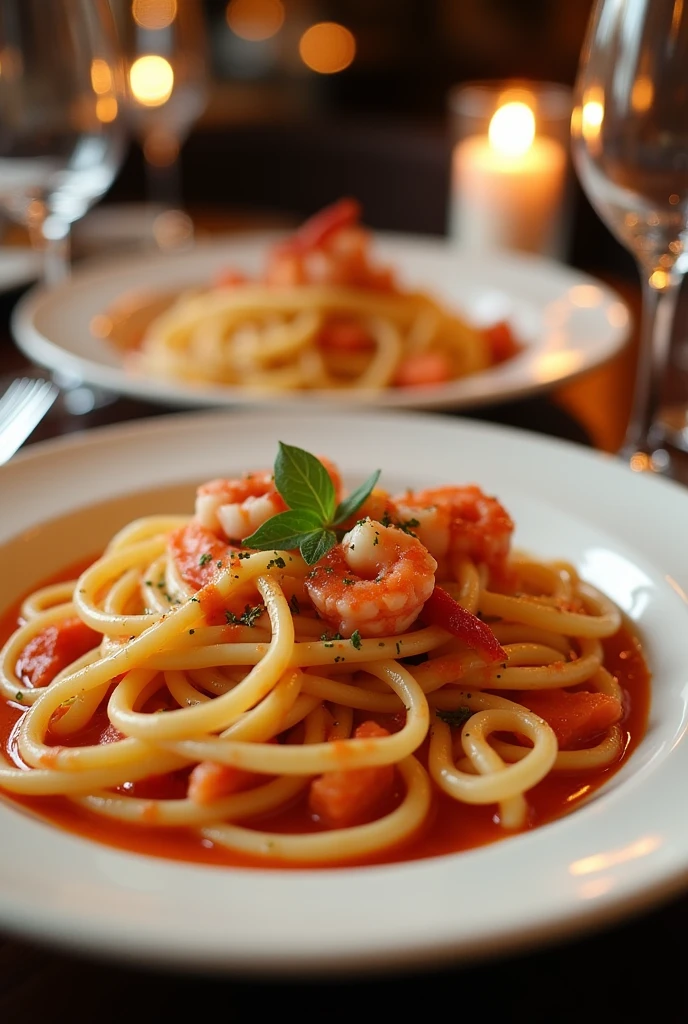 Simple photo of a dish in a fancy restaurant: the dish is Linguine with Lobster Sauce