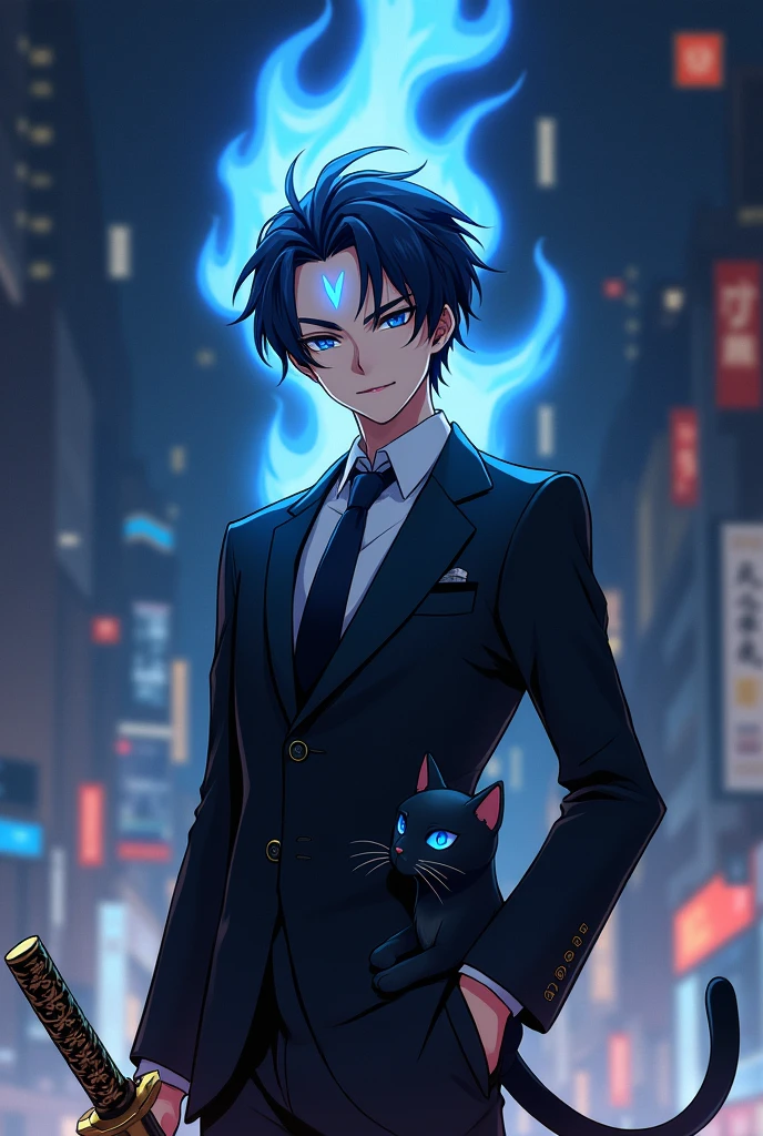 naughty man, mellow, com terno blackw, cabelos blackws curtos bagunçados, he uses a Japanese sword and has a cat(blackw) blue-eyed. On the FRONT of his forehead there is a blue flame. Make anime style