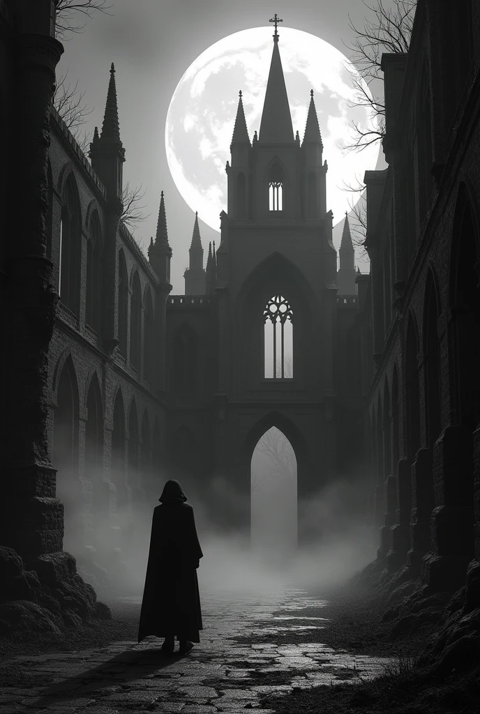 A silhouette of a person exploring an abandoned castle at night, with the full moon in the sky, Gothic style, black andwhite
