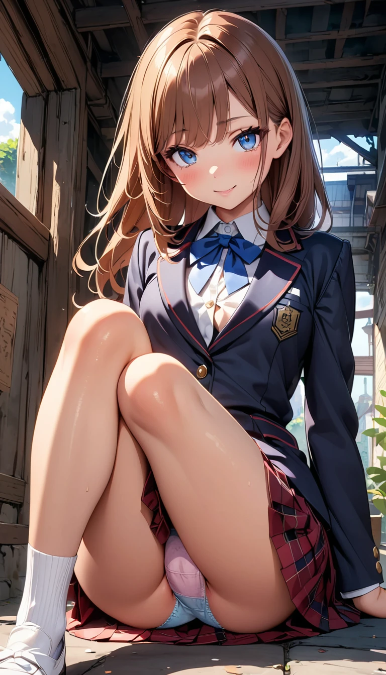 ((masterpiece, Highest quality, High resolution, 超High resolution, Pixel Perfect, Written boundary depth, 4K, RTTX 10.0, Human Development Report))), 1 girl, single, alone, beauty、View the whole body、 ((Long Hair, Short Liuhai, Reddish brown hair)), ((blue eyes, Beautiful eyelashes, Realistic eyes)), ((Detailed face, blush:1.2)), ((Smooth texture:0.75, Vibrant texture:0.65, Vibrant:1.1, Anime CG style)), Medium chest, Perfect body, smile, attractive way to sit, Brewing tea in a teapot, (The wind makes my hair flutter,Exposing shoulders、Expose the chest) , It snows heavily at night、(((Showing panties:1.3)))、M-shaped legs:1.4 Highest, masterpiece, High resolution, (Head to toe full body view), front, frontComposition from slightly below, Symmetric, Tall 18 year old, alone, (Head to toe), (Small breasts), Unkempt brown hair,(White luxury lingerie), (Sit with your legs apart), (Crouching pose), (白いShowing panties構図), (Her legs were spread、I see your white pants.), (I was made to sit on the floor with my legs spread...),((((M-shaped legs:1.4))))
, Thin legs, A very beautiful and tall 18 year old girl, (No shoes), blush, Shy big eyes, looking at the camera, (((Blazer Uniform, Checkered Pleated Skirt)))、((Vulgarity)),