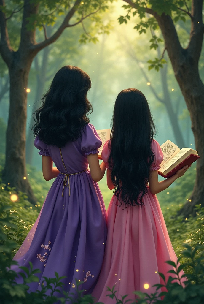 Make me two friends with their backs to me, each one reading a book, Let the books be seen, one with shoulder length wavy hair and the other with long hair, straight hair, Both with black hair and dress them like witches without hats, one with a purple dress and the other pink with a Disney, magical and old style