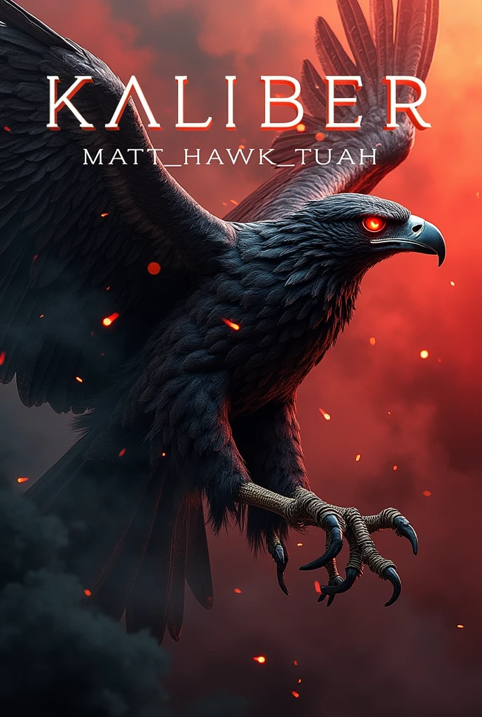 The word kaliber with the word MATT_HAWK_TUAH below it and a red eyed hawk logo with smoke and raining bullets in the background