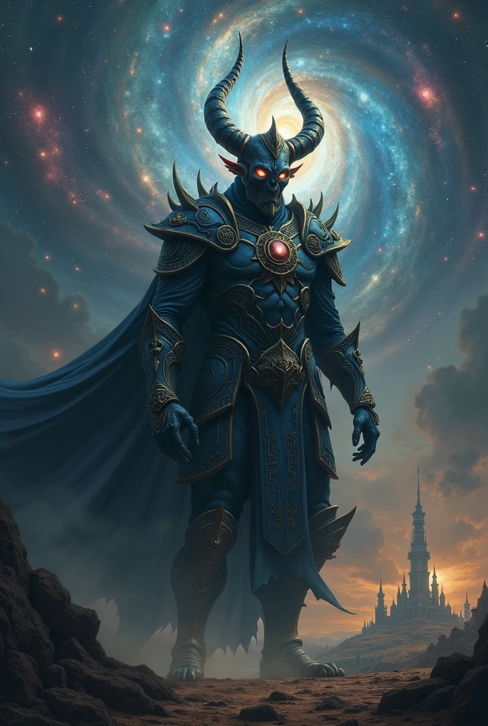 a demon king roaming the universe, demonic energy, dark fantasy, highly detailed, intricate ornate details, dramatic lighting, chiaroscuro, glowing eyes, powerful presence, cosmic scale, celestial background, complex otherworldly architecture, moody atmosphere, cinematic composition, deep shadows, saturated colors, digital art, concept art, masterpiece